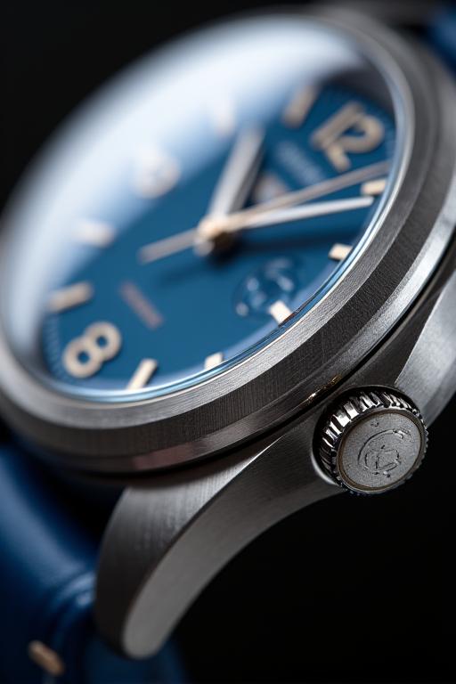 Primo piano sui materiali di un orologio, evidenziando la texture dell'acciaio e la chiarezza del vetro zaffiro